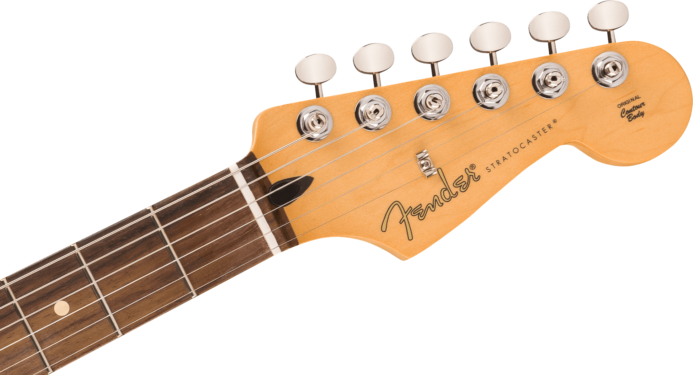 Light wood Fender Stratocaster electric guitar headstock with six tuning pegs, logo, and part of a dark wooden fretboard with metal frets.