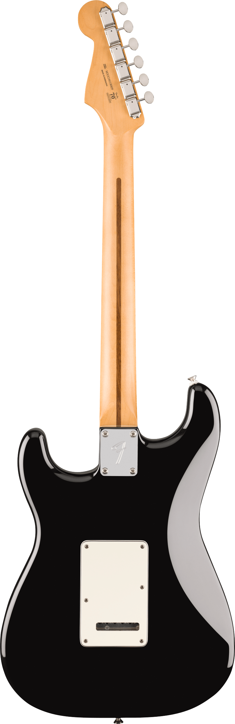 Electric guitar rear view, black body, white plastic cover on back, natural wood neck with six metal tuning pegs and metal neck plate.