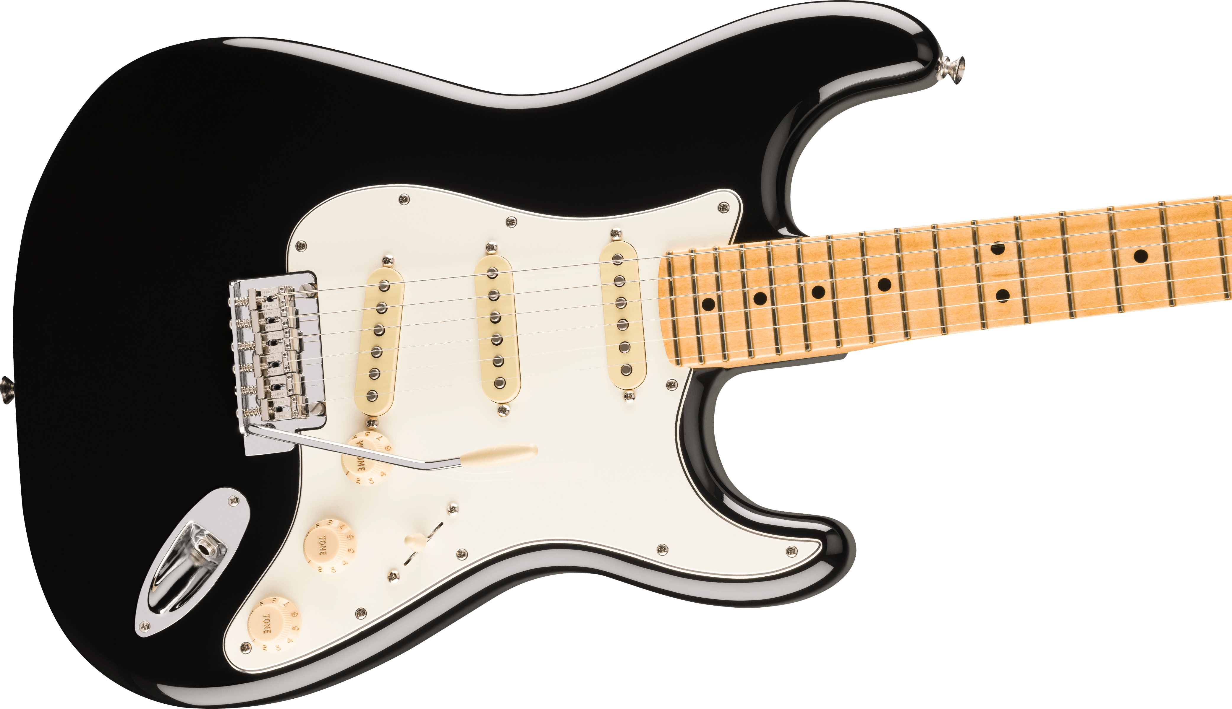 Black electric guitar with a white pickguard, three single-coil pickups, maple fingerboard, chrome tremolo bridge, and cream control knobs.