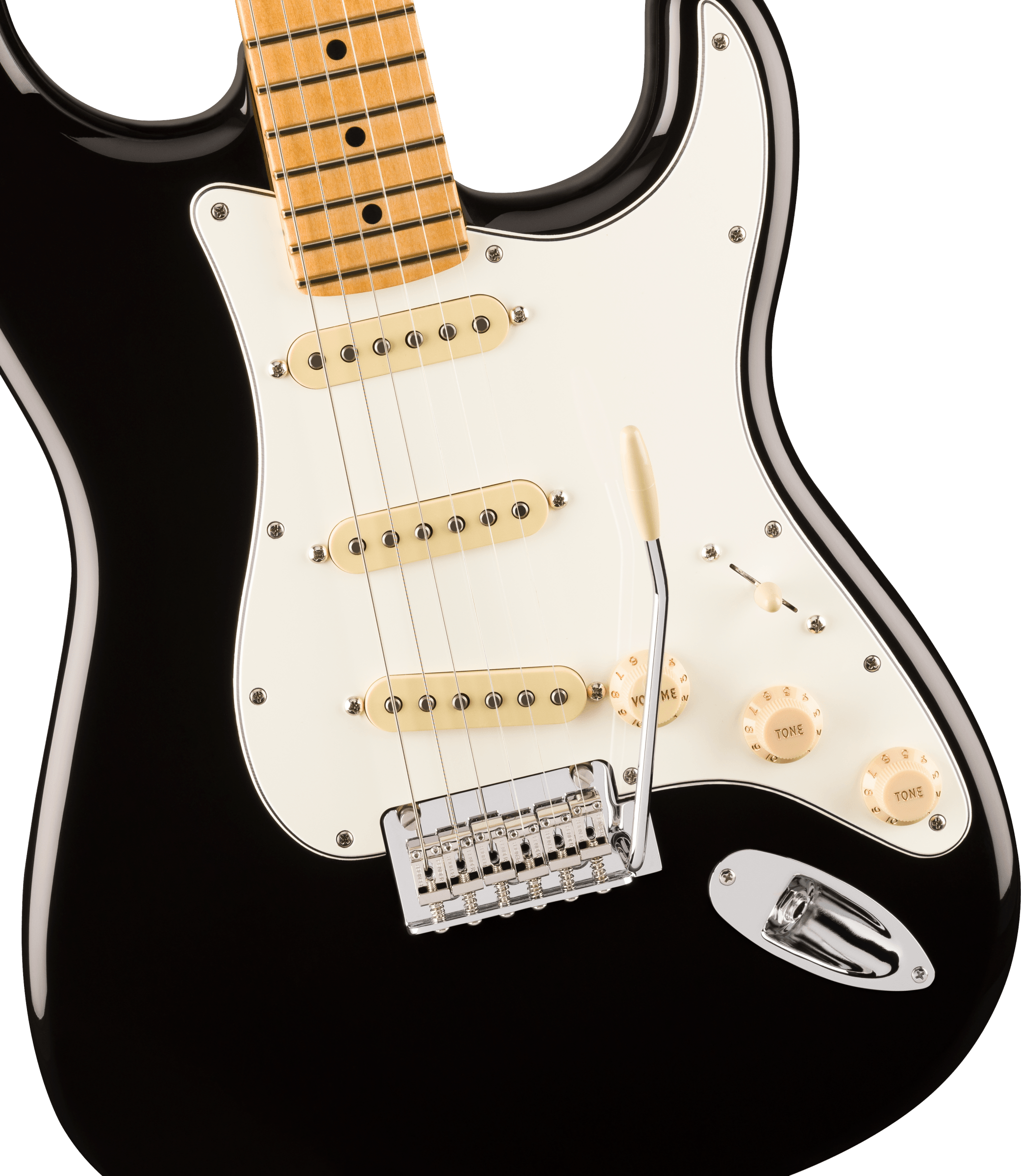 Black electric guitar body with a white pickguard, three single-coil pickups, cream knobs, and a metal whammy bar; maple fretboard visible.