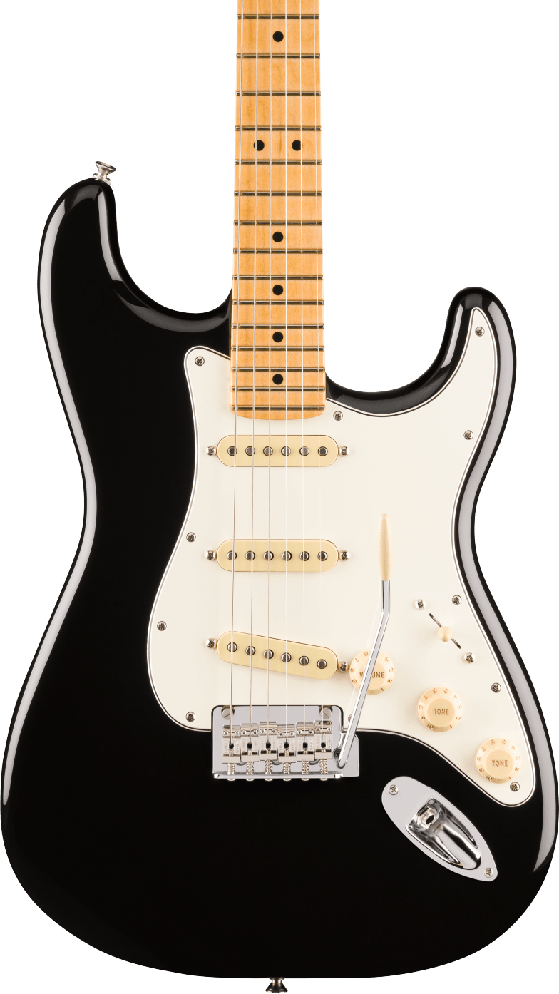 Black electric guitar with a light wood neck, three single-coil pickups, white pickguard, and chrome bridge with tremolo arm.