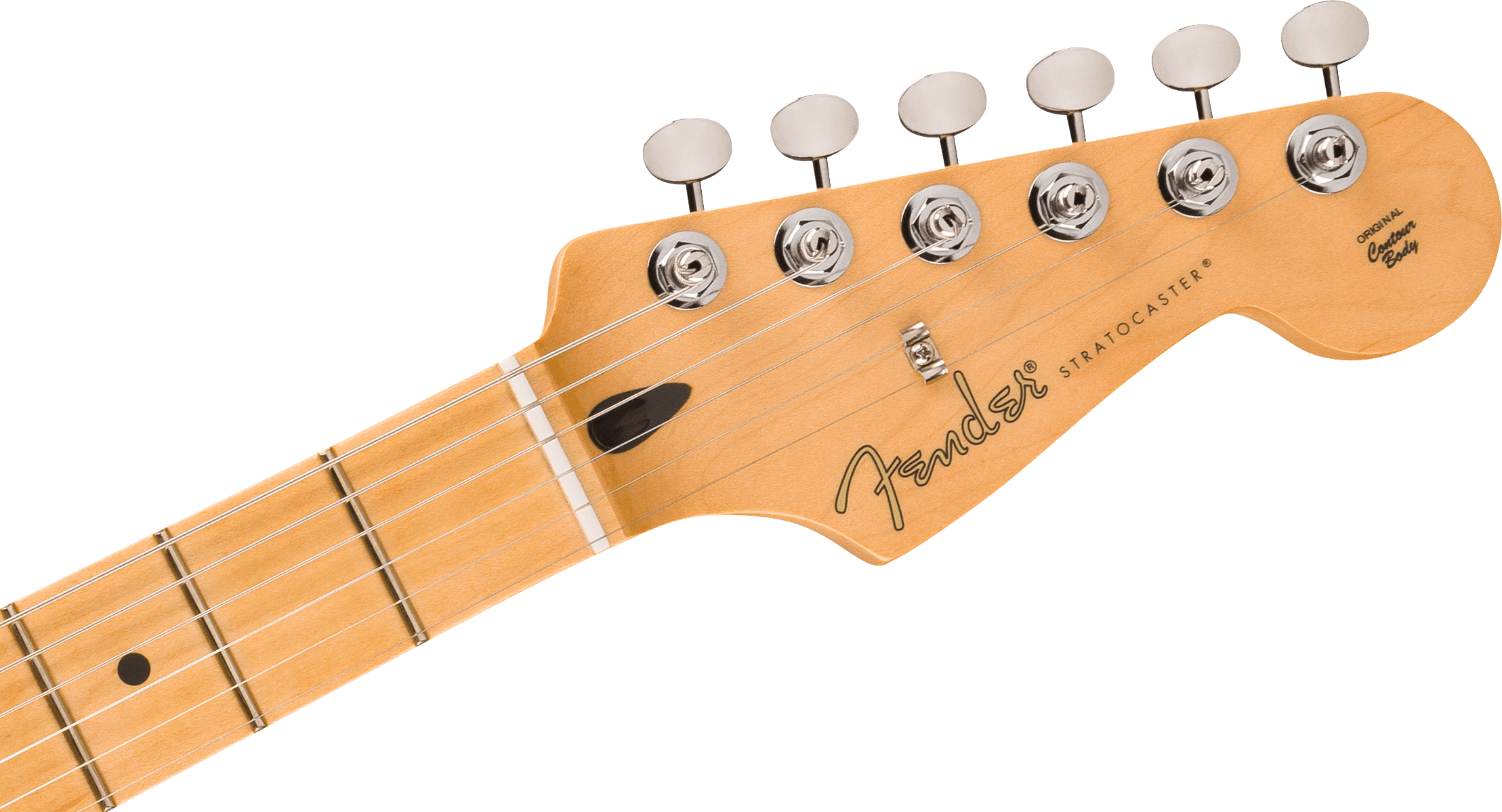 Natural wood Fender Stratocaster electric guitar headstock with six tuning pegs, logo, and part of the maple neck and fretboard visible.