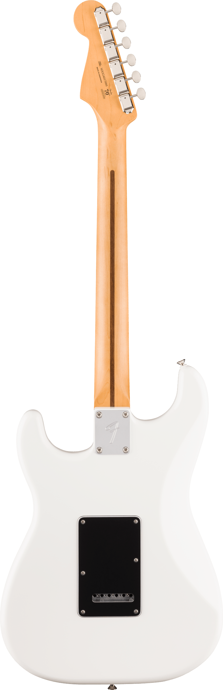 White electric guitar shown from the back, with a light wood neck, silver tuning pegs, and a rectangular black plate on the body.