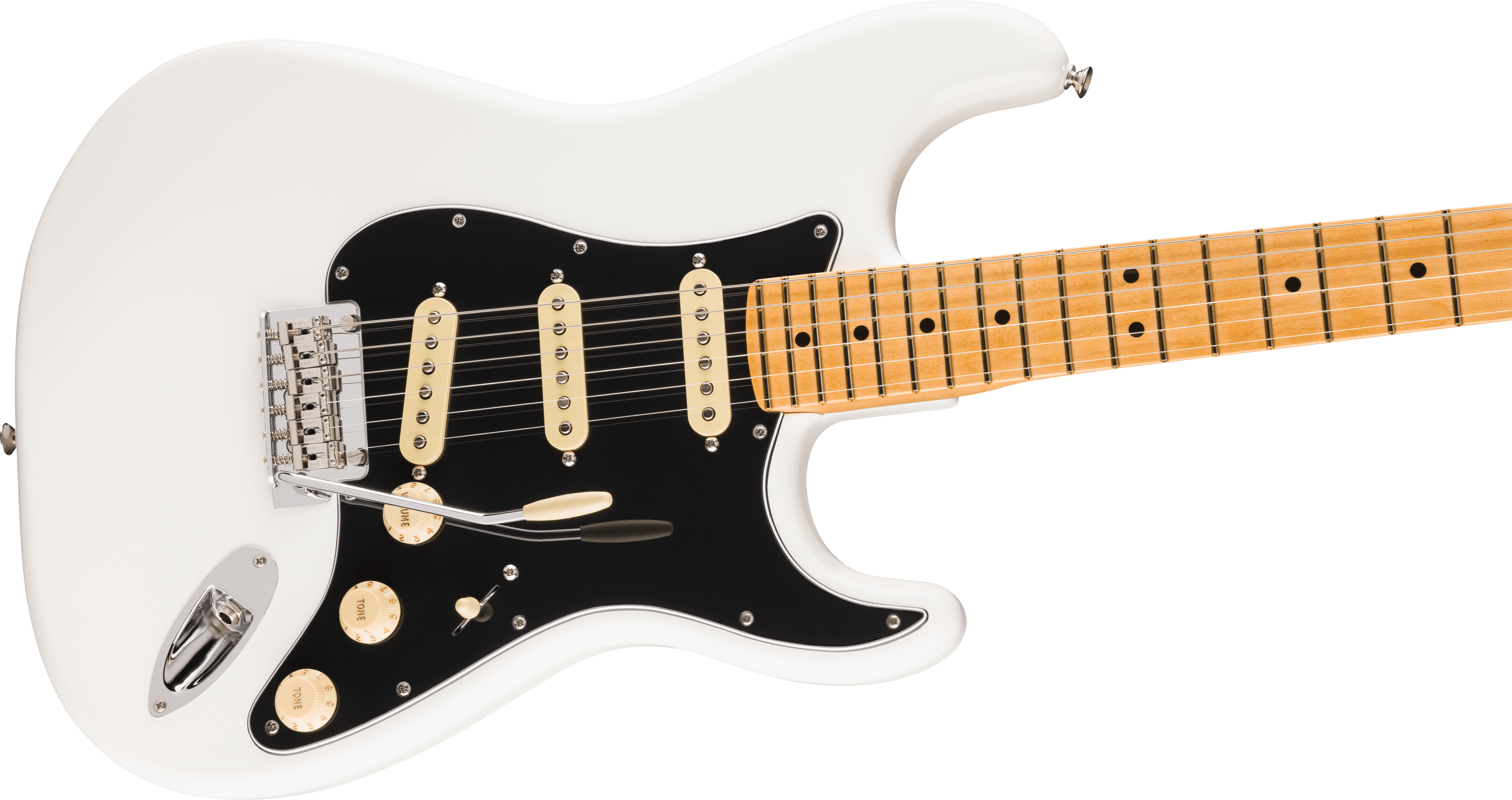 White electric guitar with a black pickguard, three cream single-coil pickups, maple neck, and three cream control knobs.