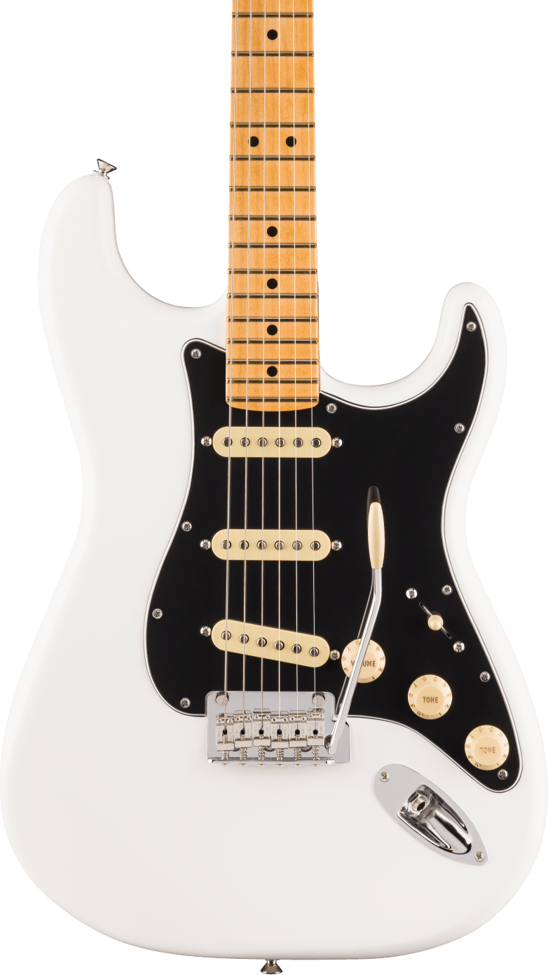 White electric guitar with a black pickguard, three single-coil pickups, tremolo bar, maple fretboard, and cream-colored knobs for volume and tone.