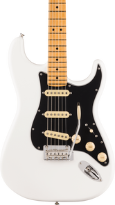White electric guitar with a black pickguard, three single-coil pickups, tremolo bar, maple fretboard, and cream-colored knobs for volume and tone.