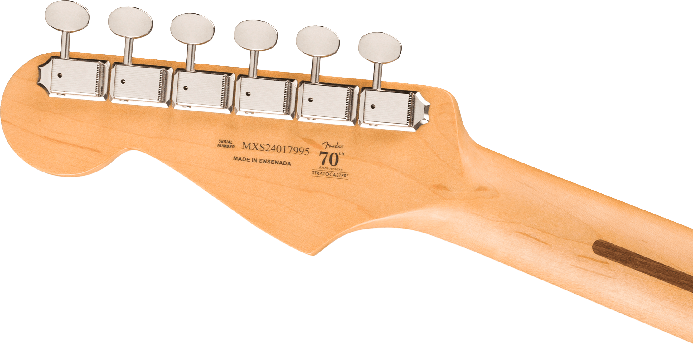Back of a maple electric guitar headstock with six chrome tuning pegs and "Fender 70th Anniversary Stratocaster" text.