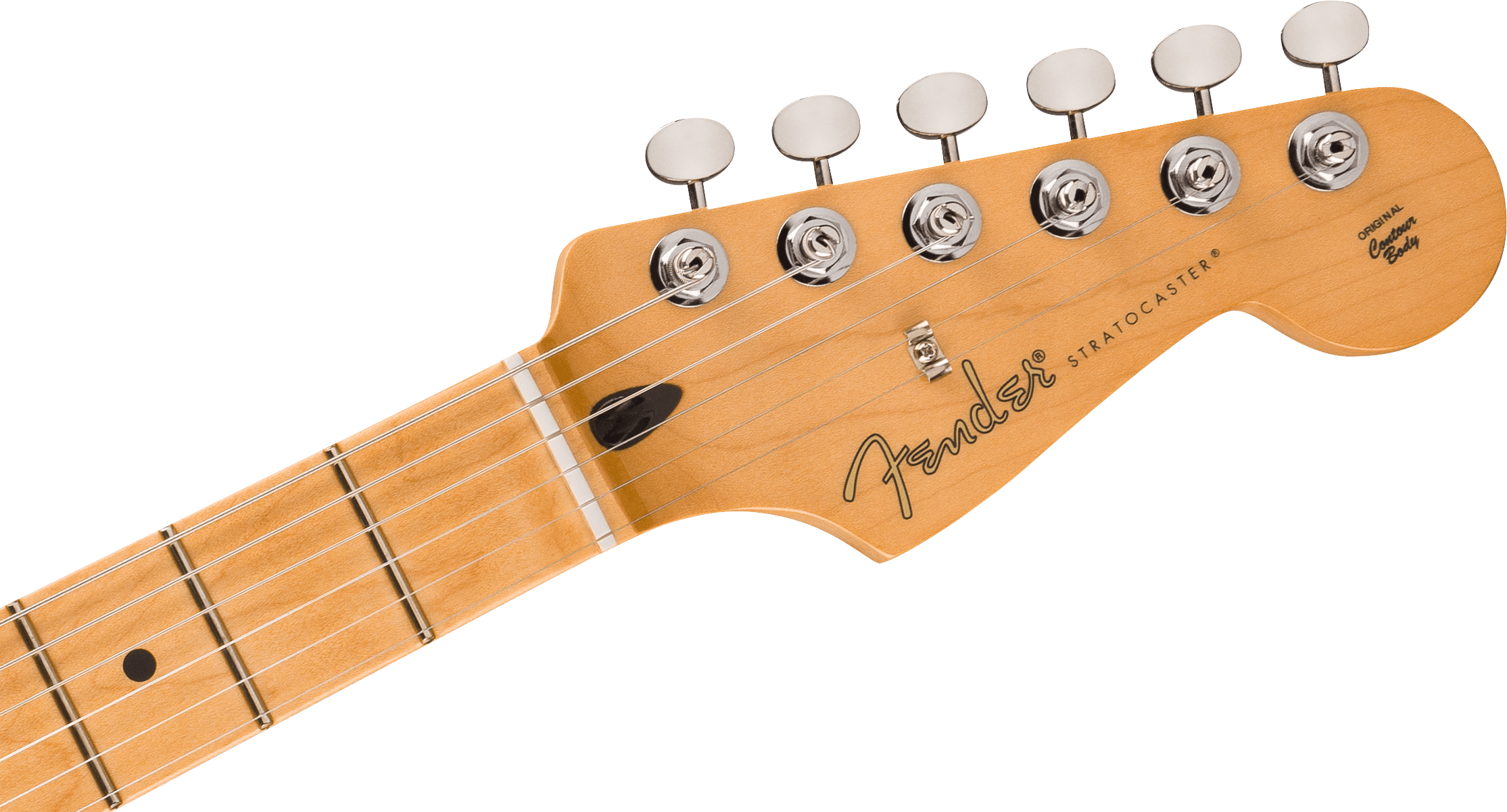 Maple Fender Stratocaster electric guitar headstock with six tuning pegs, black logo, and "Original Contour Body" text.
