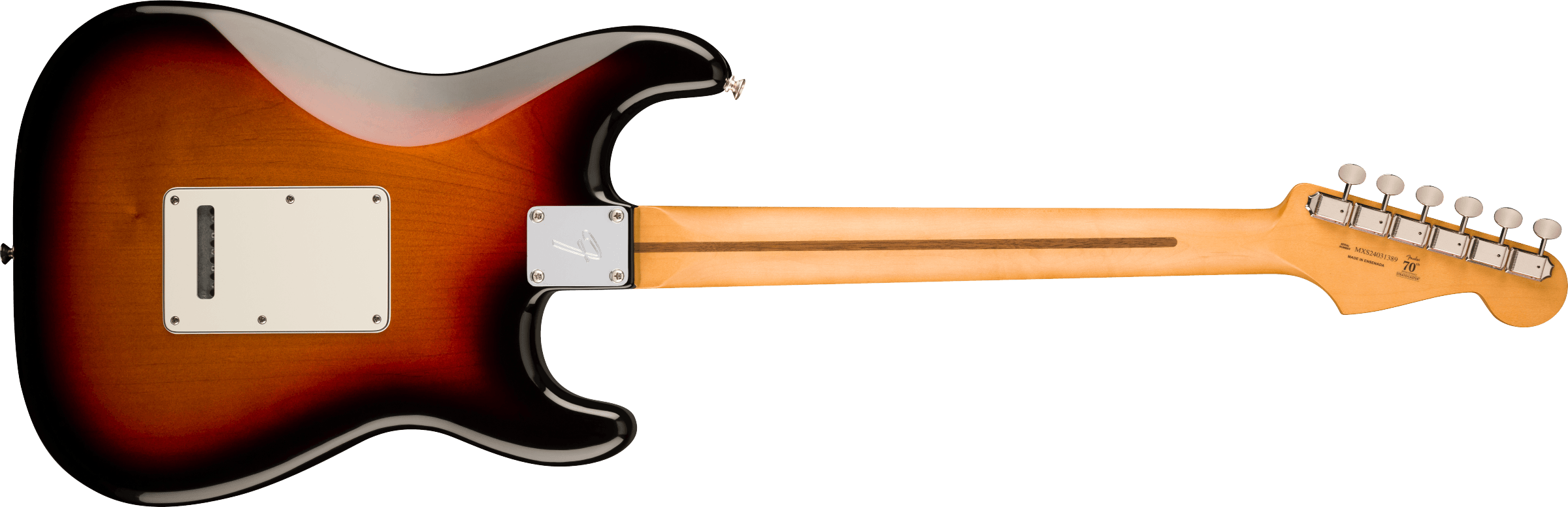 Sunburst electric guitar viewed from the back, showing a contoured body, maple neck, six tuning pegs, and rectangular backplate with screws.