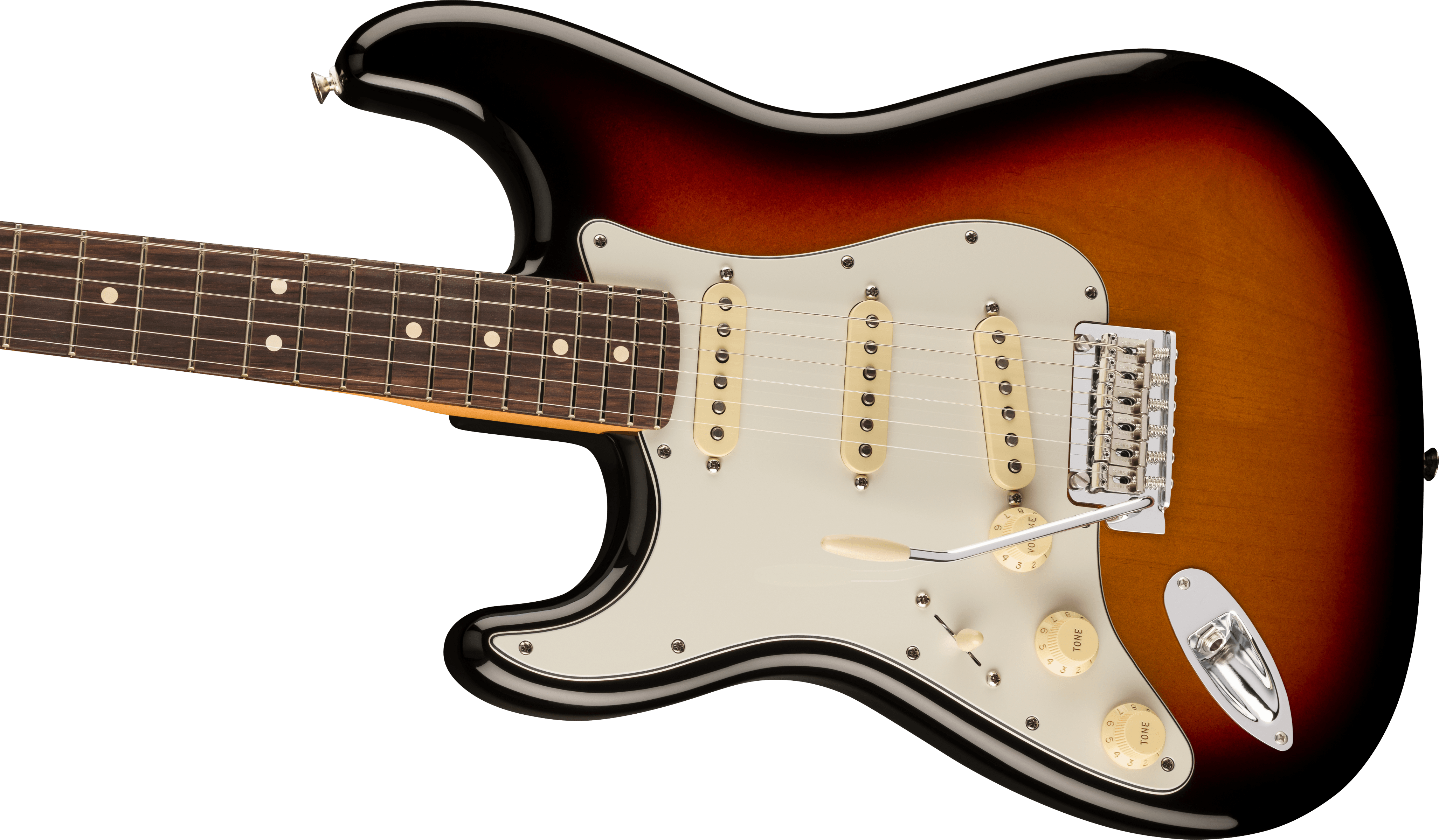 Sunburst electric guitar with a white pickguard, three single-coil pickups, five-way selector, and a tremolo bar on the lower right side.