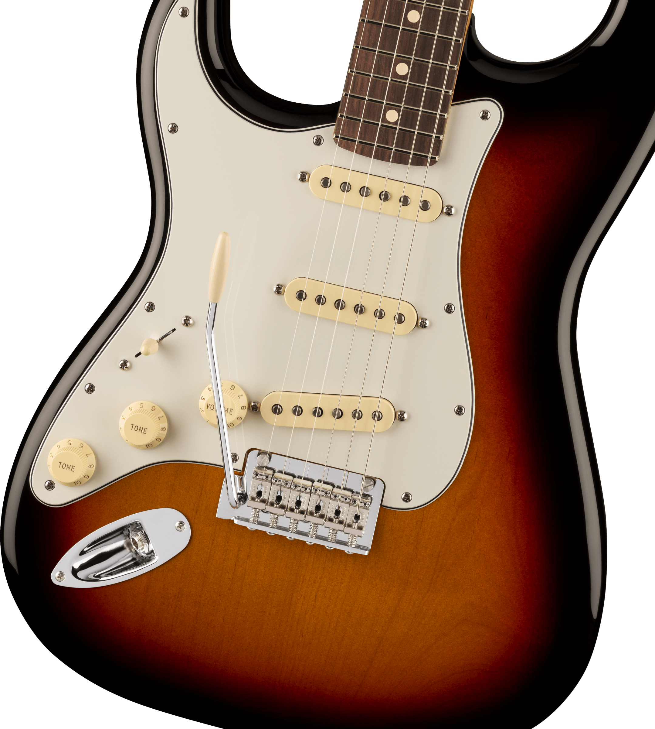 Sunburst electric guitar with white pickguard, three single-coil pickups, three control knobs, whammy bar, and chrome input jack plate.