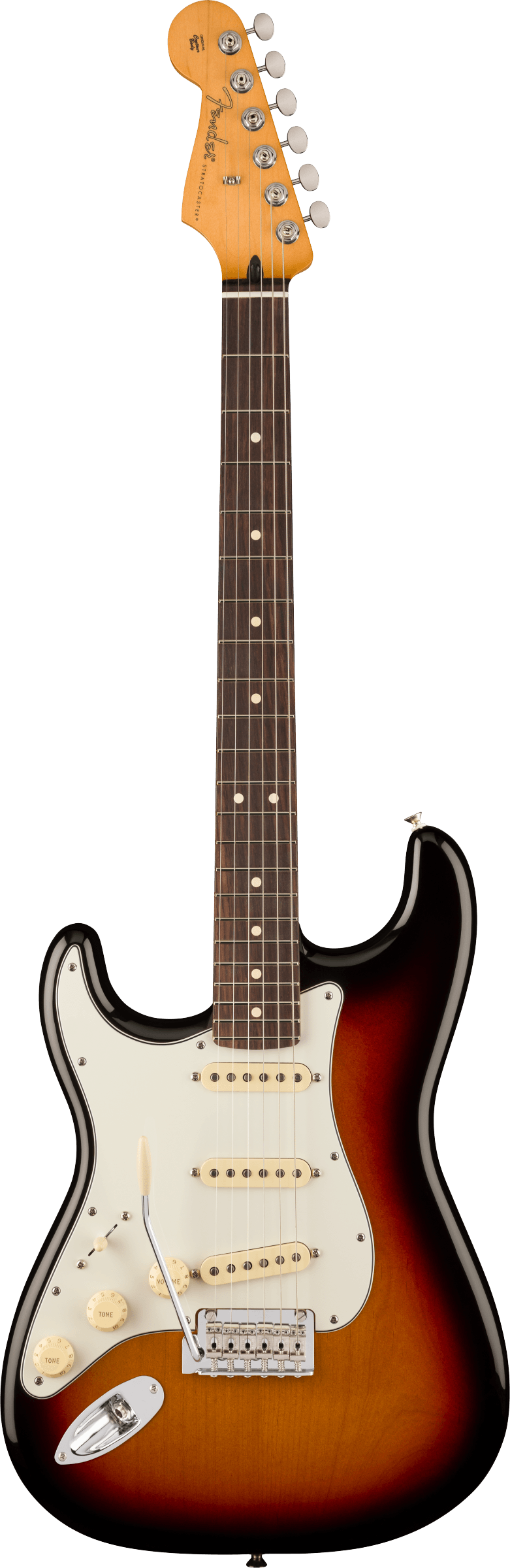 Fender Stratocaster electric guitar with sunburst finish, three single-coil pickups, white pickguard, and a tremolo arm.