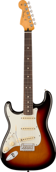 Fender Stratocaster electric guitar with sunburst finish, three single-coil pickups, white pickguard, and a tremolo arm.