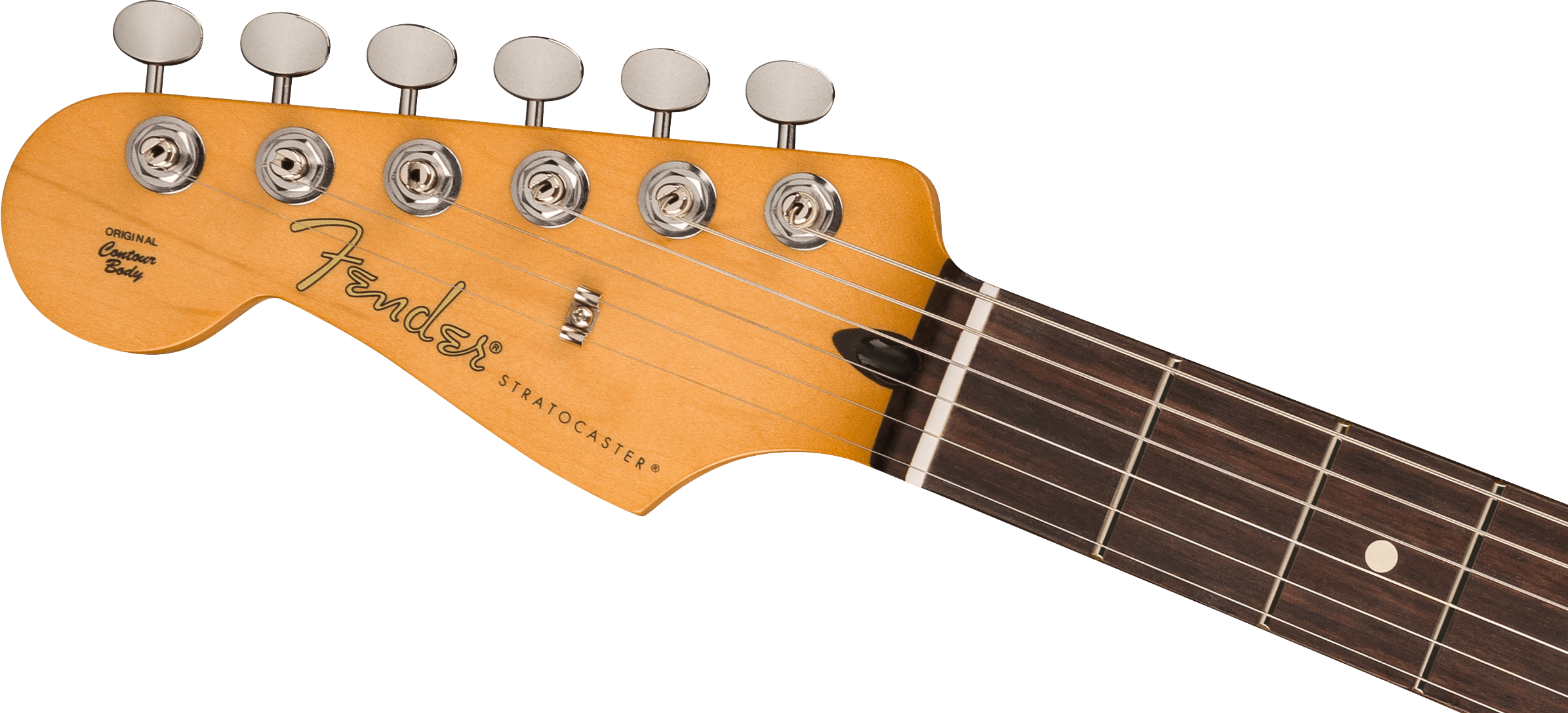 Fender Stratocaster electric guitar headstock with six tuning pegs, logo, and part of the rosewood fretboard visible.