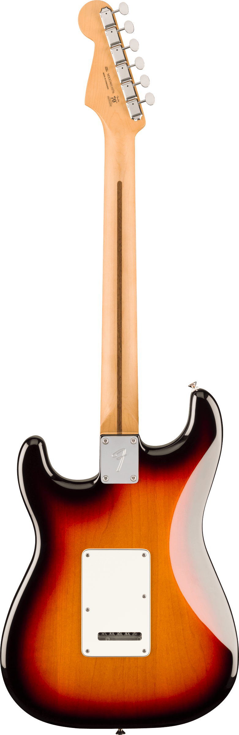 Sunburst electric guitar seen from the back, with a maple neck, six tuning pegs, and a white rectangular plate on the body.