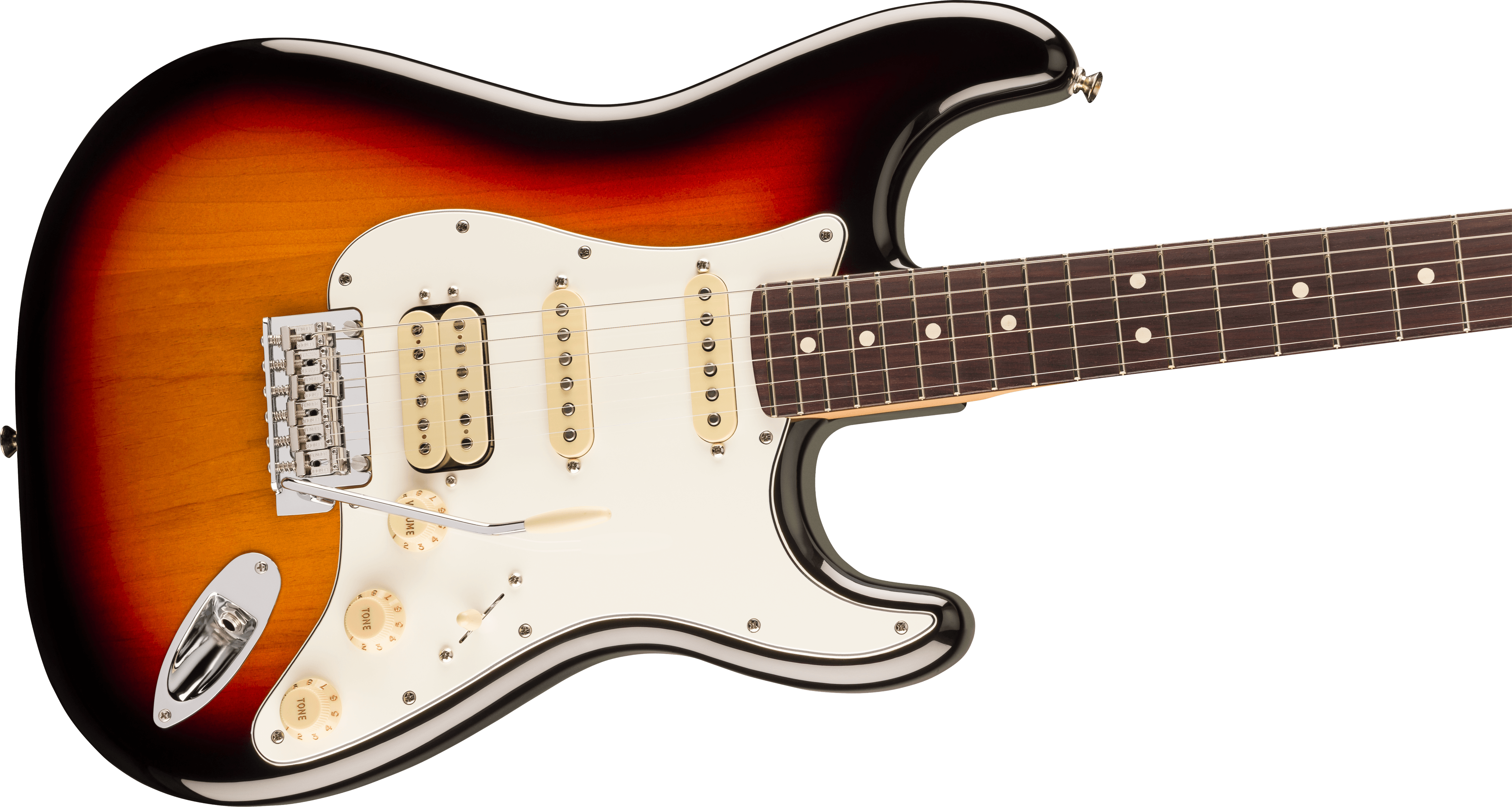 Sunburst electric guitar with a white pickguard, three cream pickups, dark rosewood fretboard, and a metal tremolo arm.