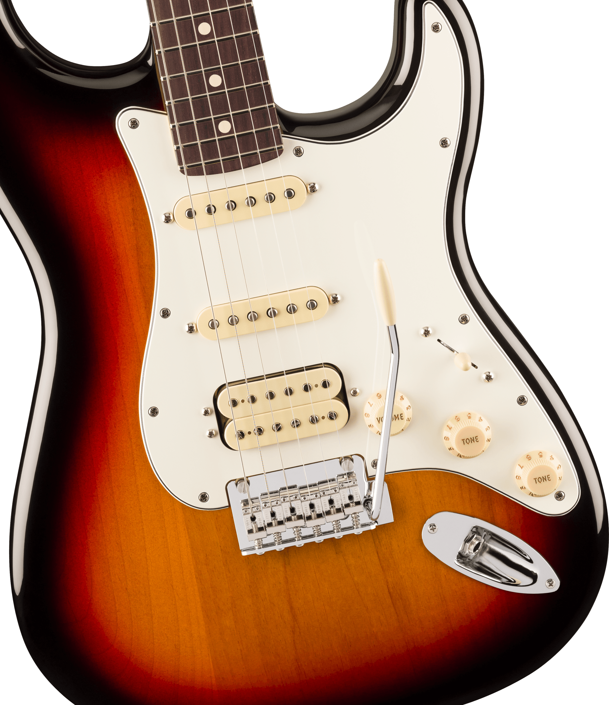 Sunburst electric guitar with three cream pickups, white pickguard, chrome bridge, tremolo arm, and three control knobs on the lower right.