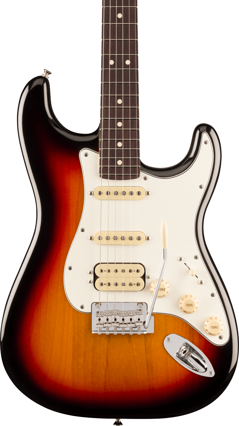 Sunburst electric guitar with a white pickguard, three pickups, five-way selector switch, volume and two tone knobs, and whammy bar.