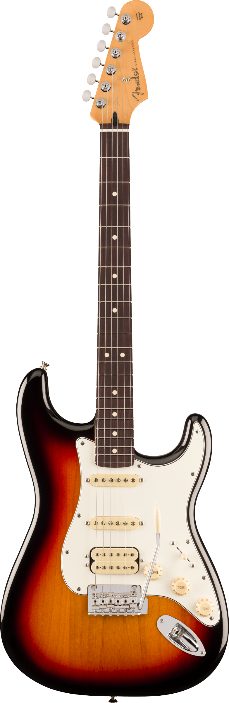 Sunburst finish electric guitar with a white pickguard, three pickups, volume and tone knobs, and a tremolo arm on the lower right.