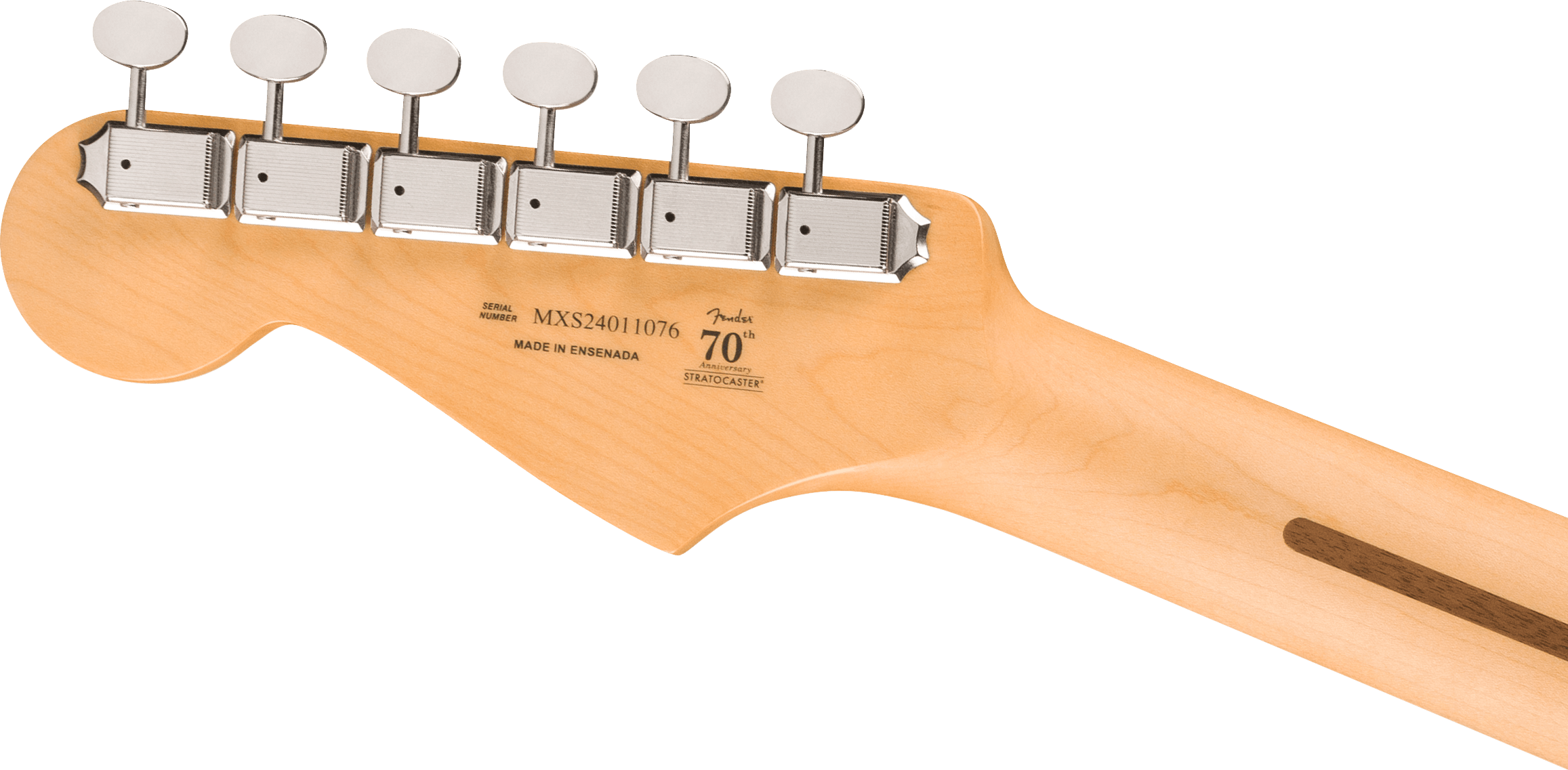 Light maple electric guitar headstock with six chrome tuning pegs, 70th Anniversary Stratocaster logo, and “Made in Ensenada” printed on back.