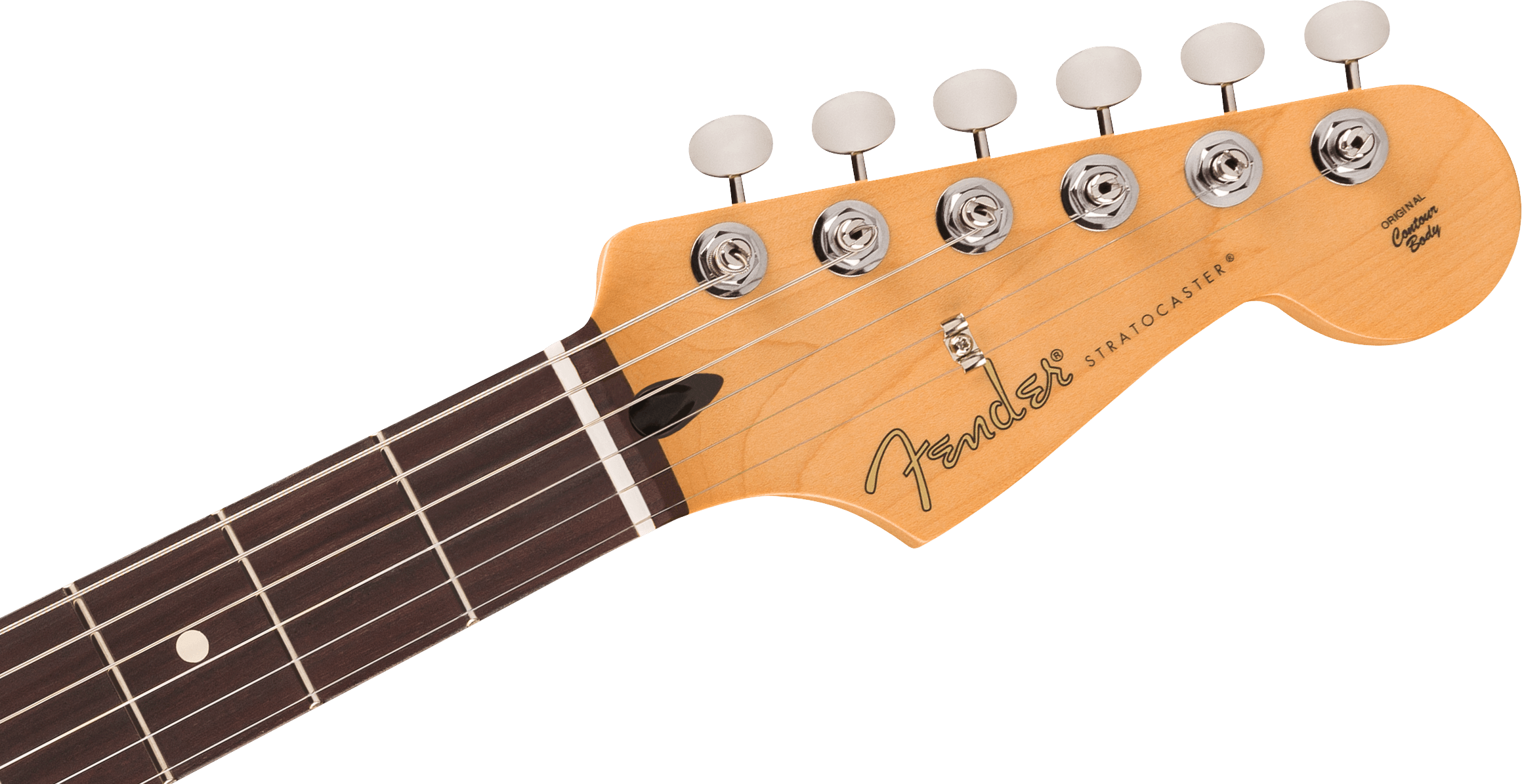 Light wood Fender Stratocaster electric guitar headstock with six metal tuning pegs and visible logo, attached to a dark rosewood fretboard.