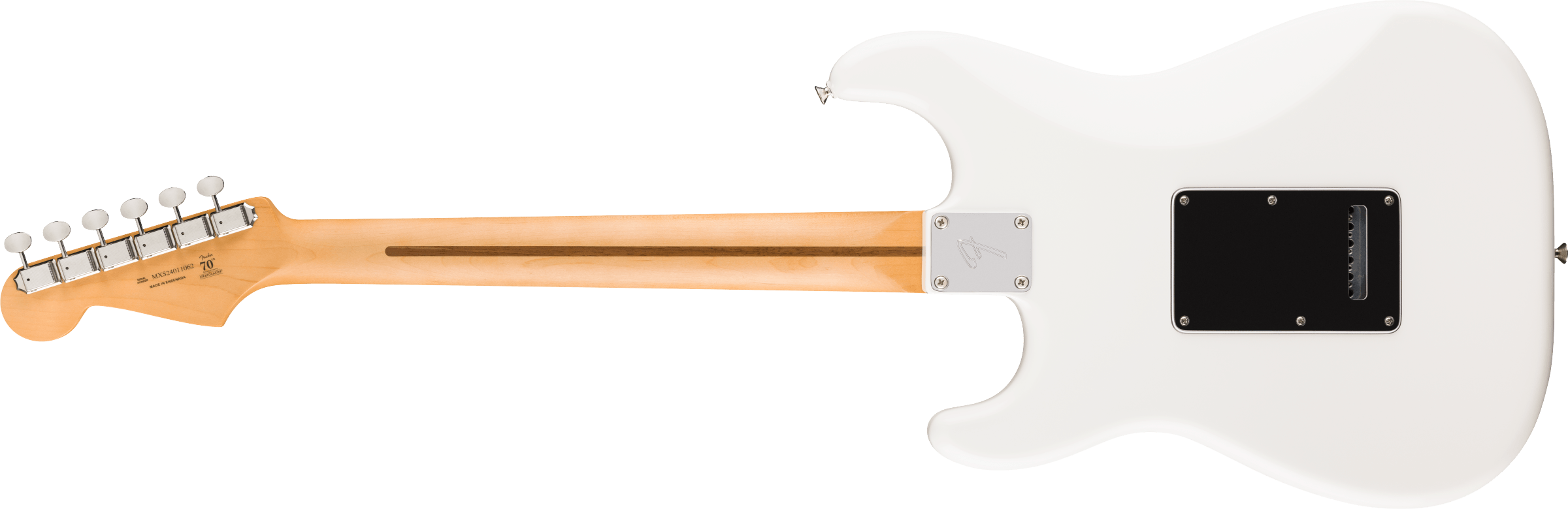 A white electric guitar seen from the back, showing its light wood neck, six tuning pegs, and a rectangular black plate on the body.
