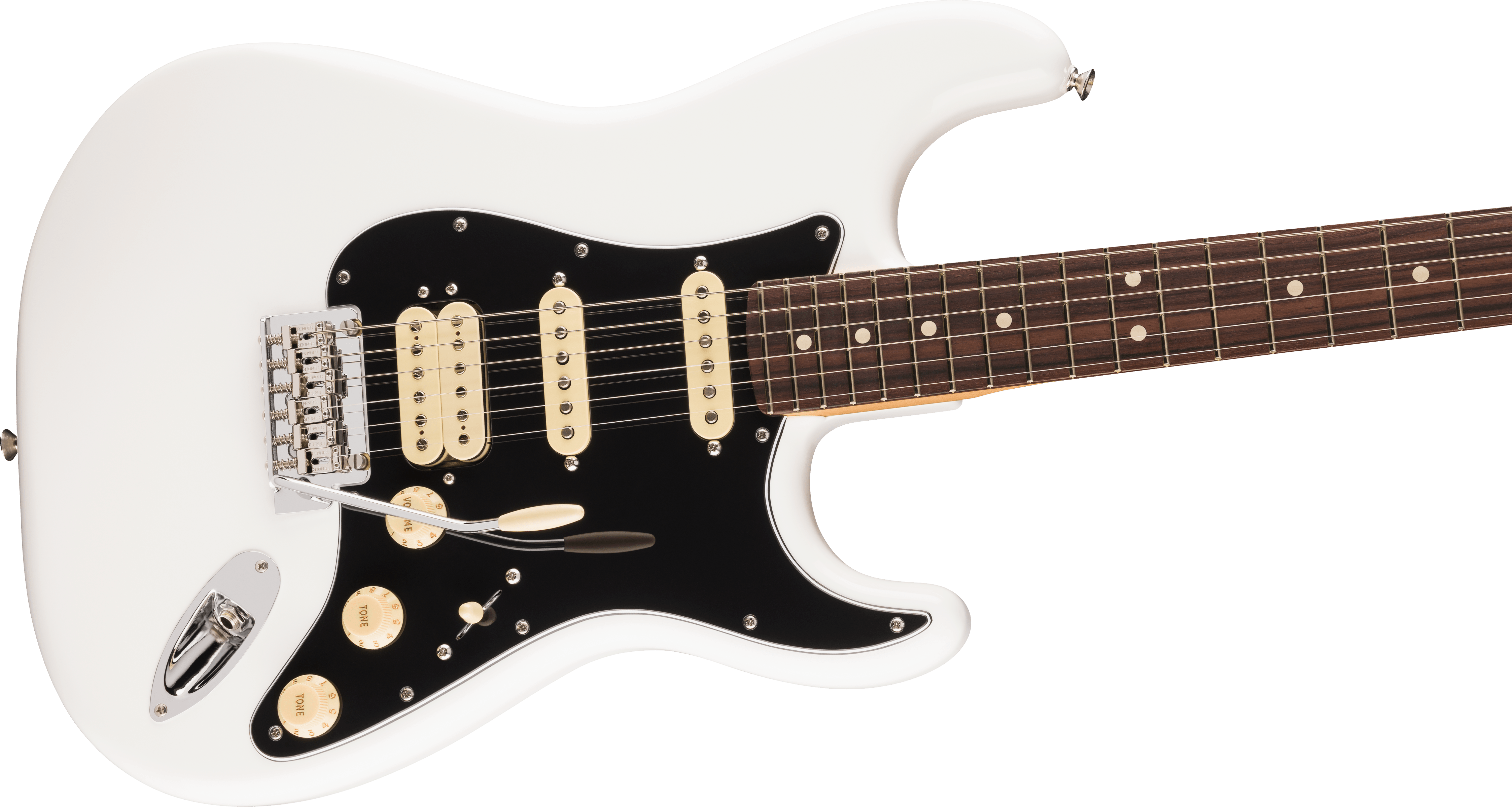White electric guitar with a black pickguard, three cream pickups, three control knobs, a tremolo arm, and a rosewood fretboard with dot inlays.