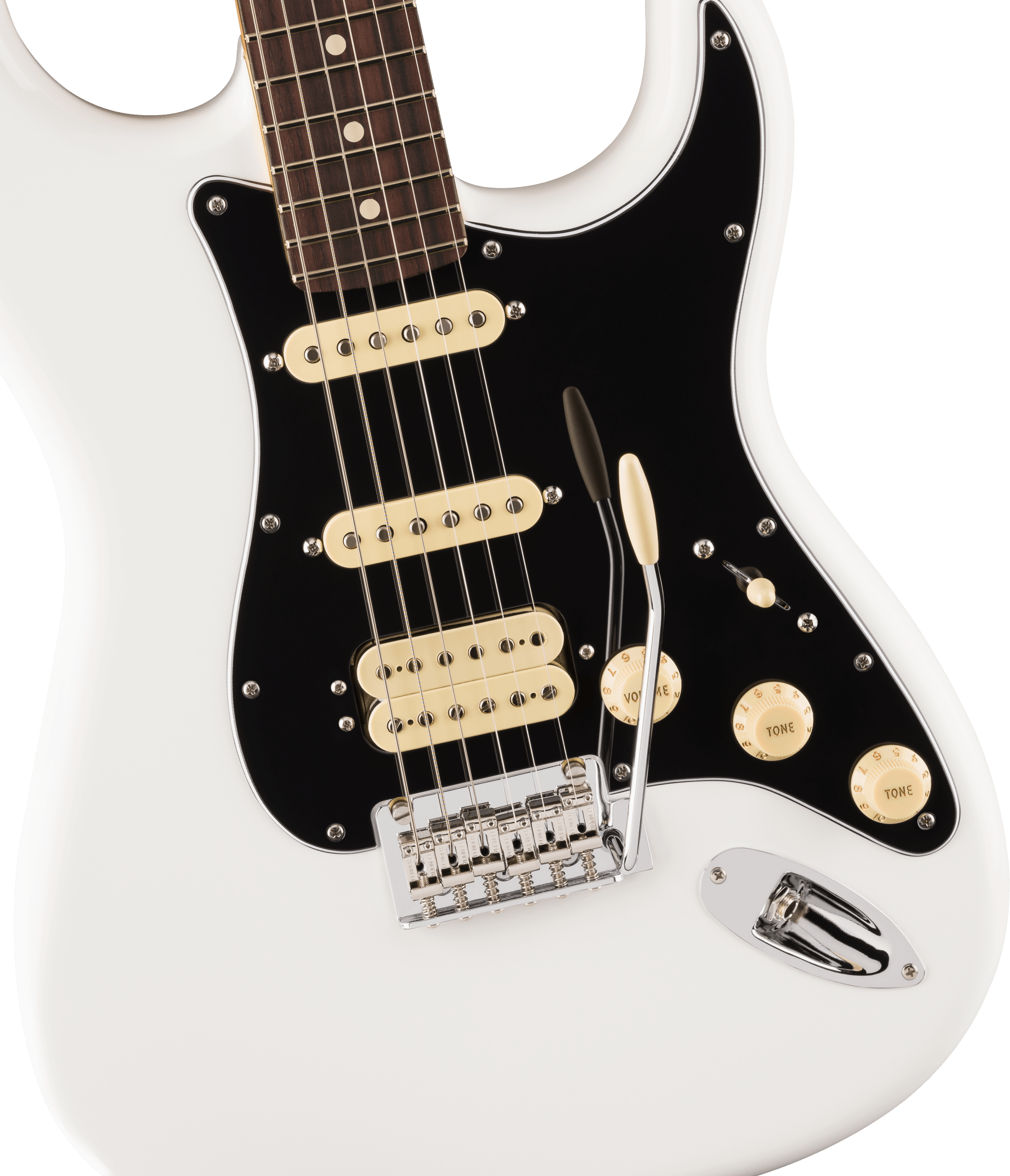 White electric guitar body with a black pickguard, three cream pickups, three cream control knobs, and a chrome tremolo bar with bridge.