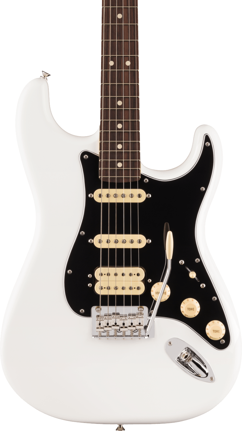 White electric guitar with a black pickguard, three cream pickups, whammy bar, and three cream control knobs.