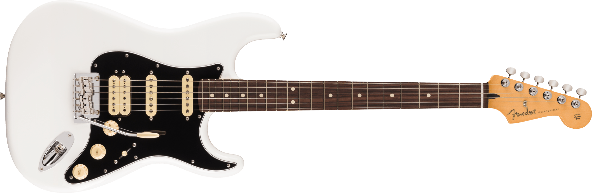 White electric guitar with a black pickguard, three cream pickups, brown fretboard, and six tuning pegs on a natural wood headstock.