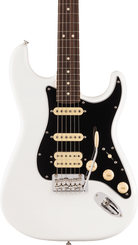 White electric guitar with a black pickguard, three cream pickups, whammy bar, and three cream control knobs.