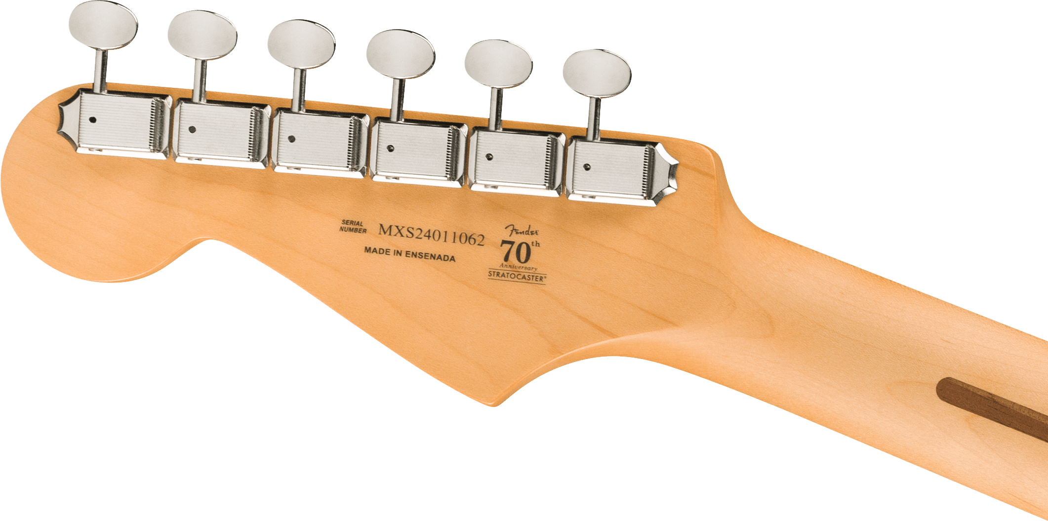 Back of a Fender Stratocaster electric guitar headstock showing six tuning pegs, serial number MXS24011062, and a 70th Anniversary label.