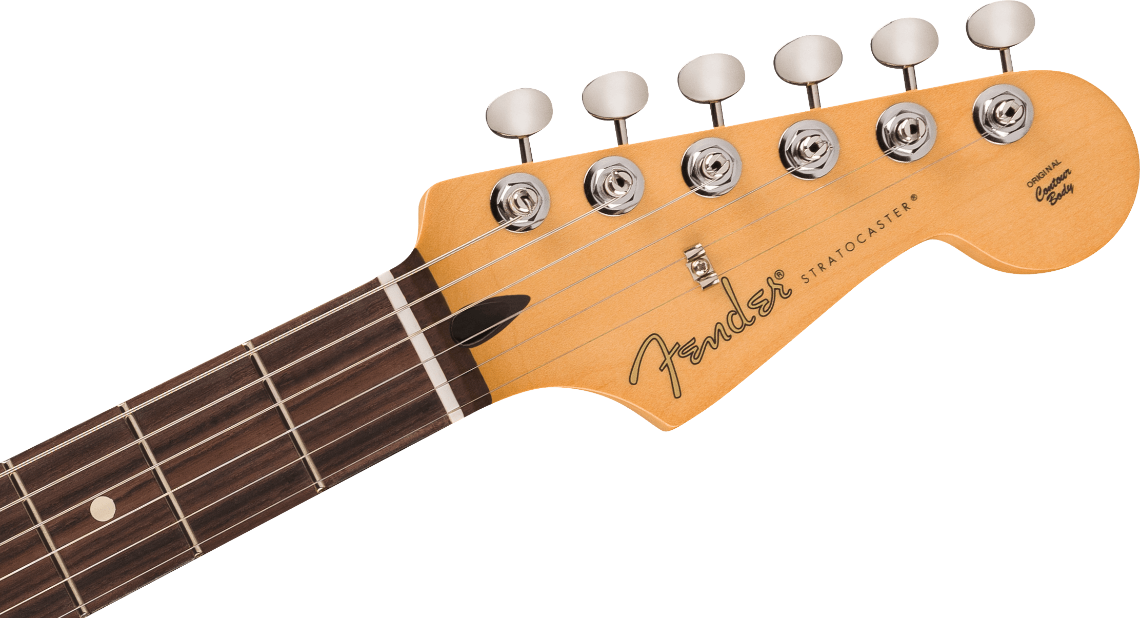 Light wood Fender Stratocaster electric guitar headstock, six silver tuning pegs, dark fretboard with white dot inlay, logo visible.