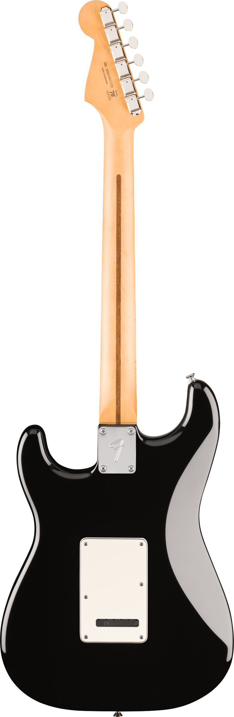 Black Fender electric guitar viewed from the back, light wood neck, six tuning pegs, white back plate with screws, metallic neck plate with an "F."