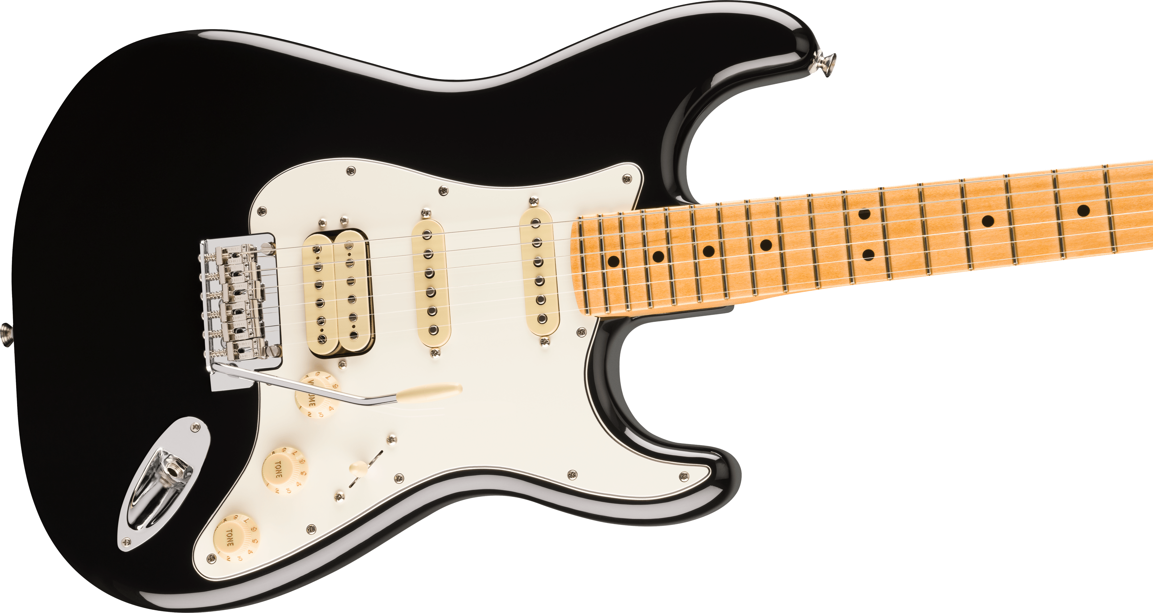 Black Fender electric guitar with white pickguard, three cream pickups, five control knobs, and a light maple neck and fingerboard.