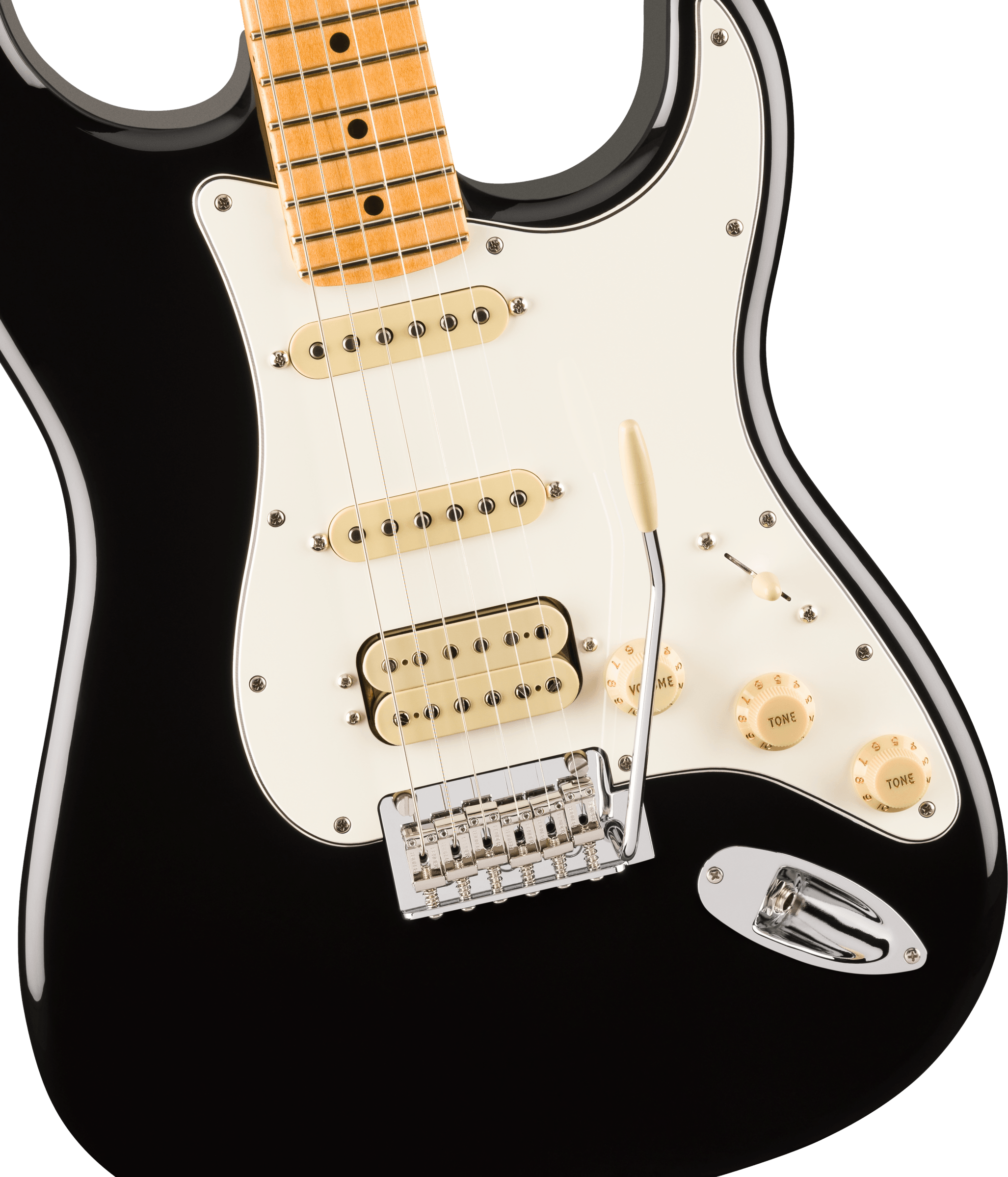 Black Fender electric guitar with a white pickguard, three pickups, three control knobs, a chrome bridge, and a whammy bar.
