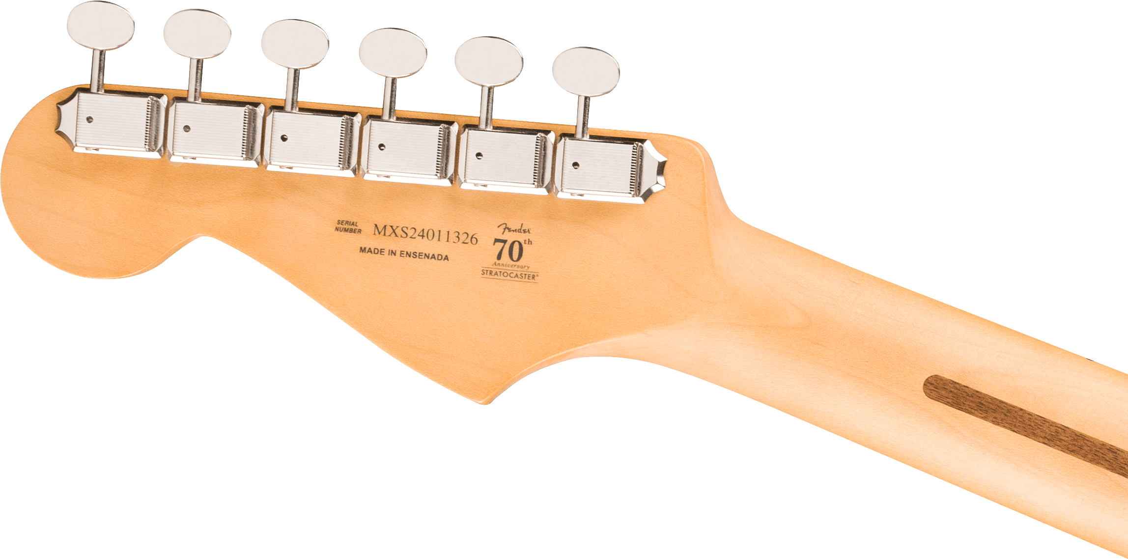 Back of a Fender Stratocaster guitar headstock, showing six chrome tuning pegs and 70th Anniversary branding with serial number.