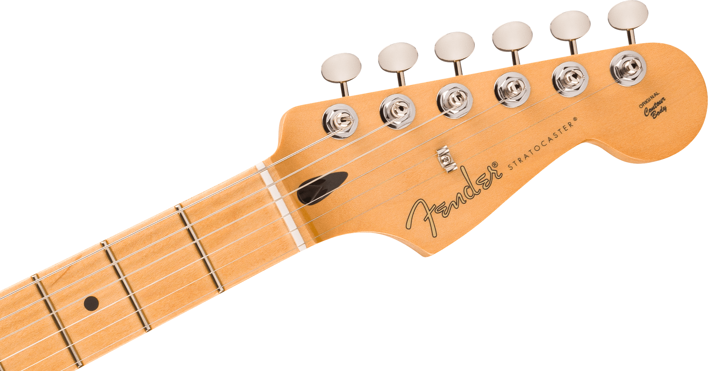 Light wood Fender Stratocaster guitar headstock with six silver tuning pegs, black Fender logo, and part of the maple neck with frets and strings.