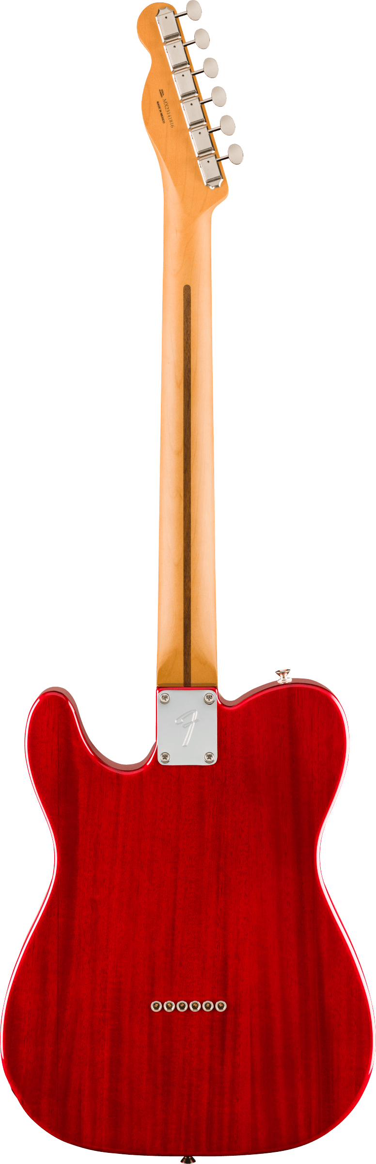 Red electric guitar viewed from the back, showing a natural wood neck, six tuning pegs, and a shiny metal neck plate with an engraved "F."