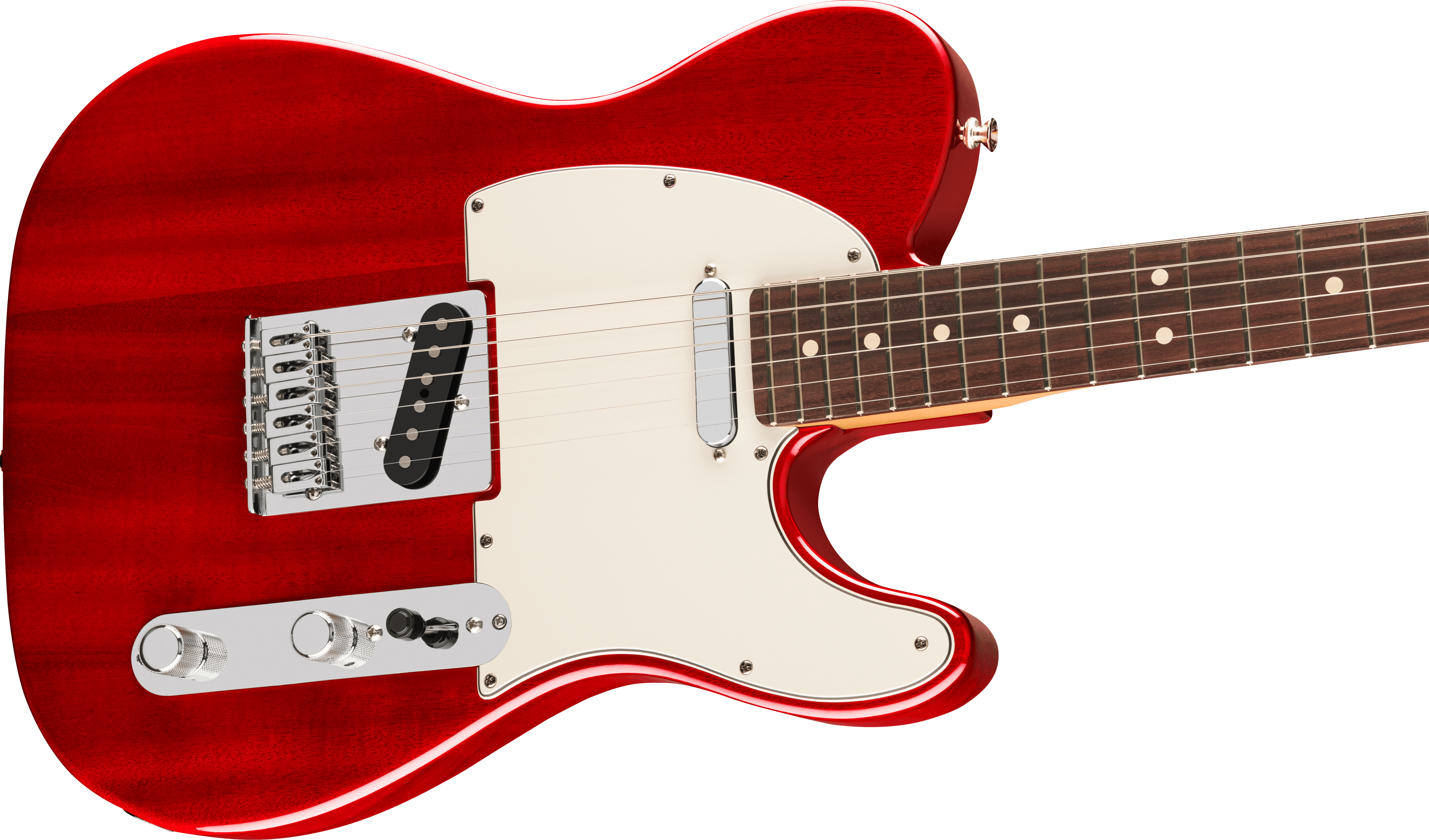 Glossy red electric guitar with a white pickguard, two pickups, chrome bridge, and a dark fretboard with white dot inlays.