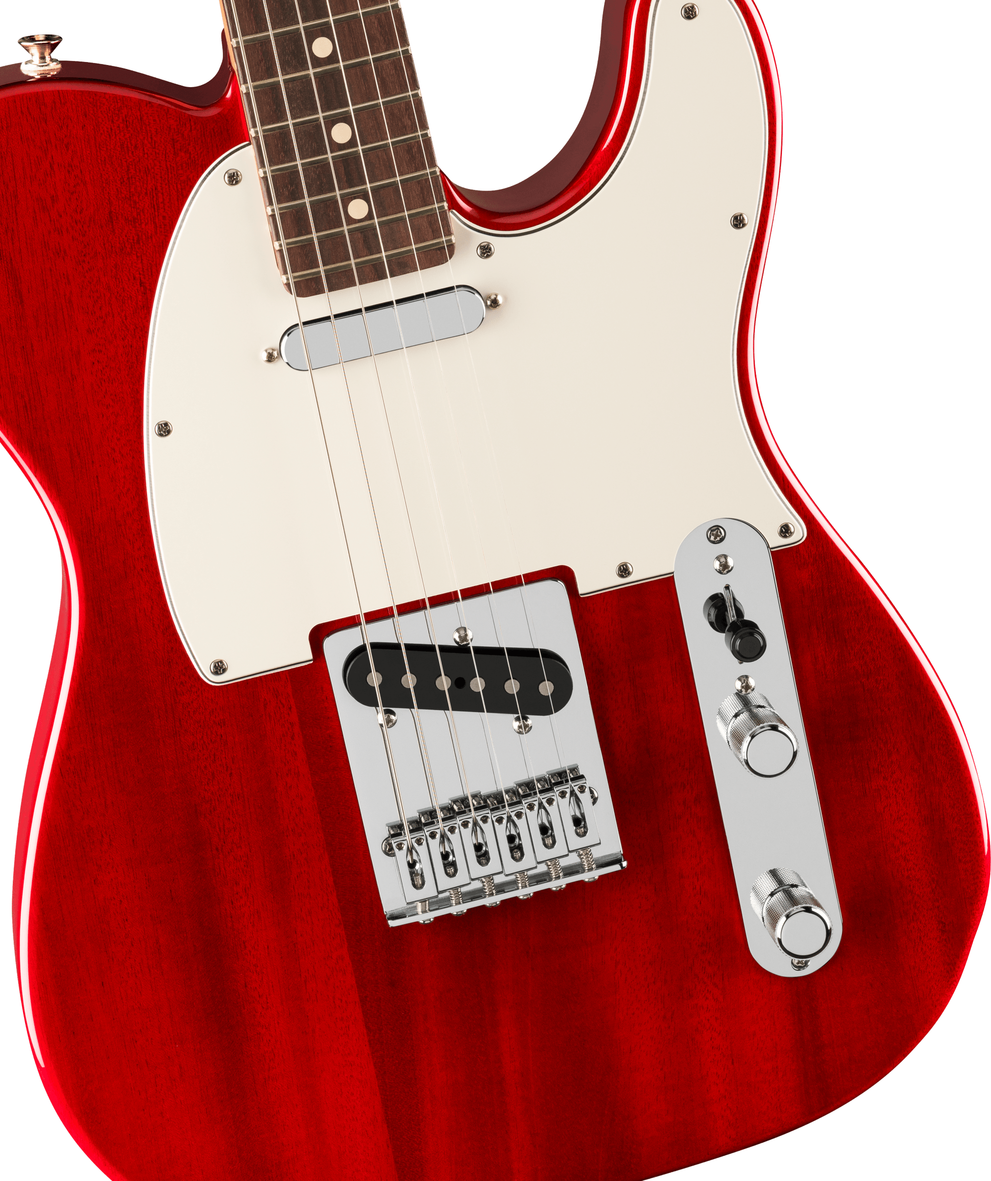 Glossy red electric guitar body with a white pickguard, chrome bridge, two control knobs, and two pickups.