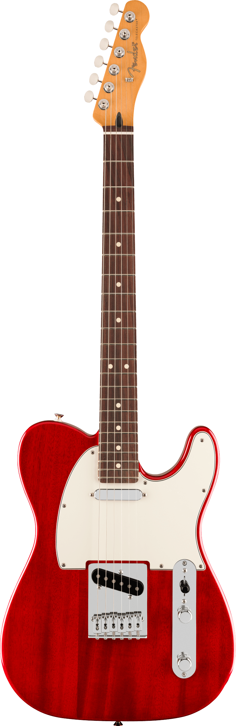 Fender electric guitar with a glossy red body, white pickguard, two pickups, metal control plate, and six tuning pegs on a light wood headstock.