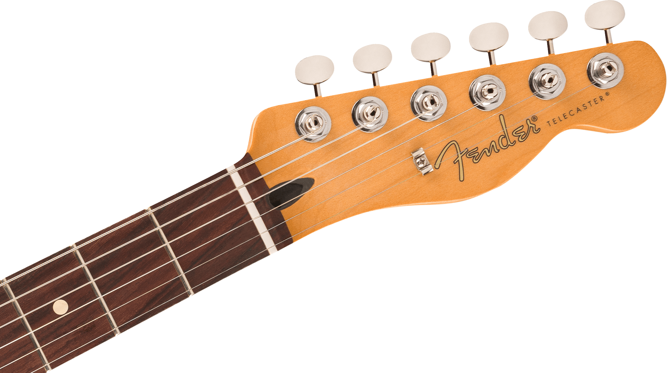 Close-up of a Fender Telecaster electric guitar headstock, showing six tuning pegs and part of a dark rosewood fretboard with metal frets.