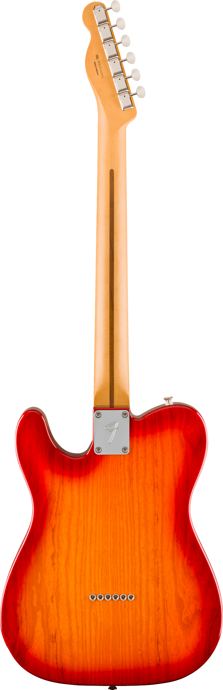 Electric guitar viewed from the back, with a sunburst red and orange body, maple neck, metal tuners, and six string holes visible on the body.