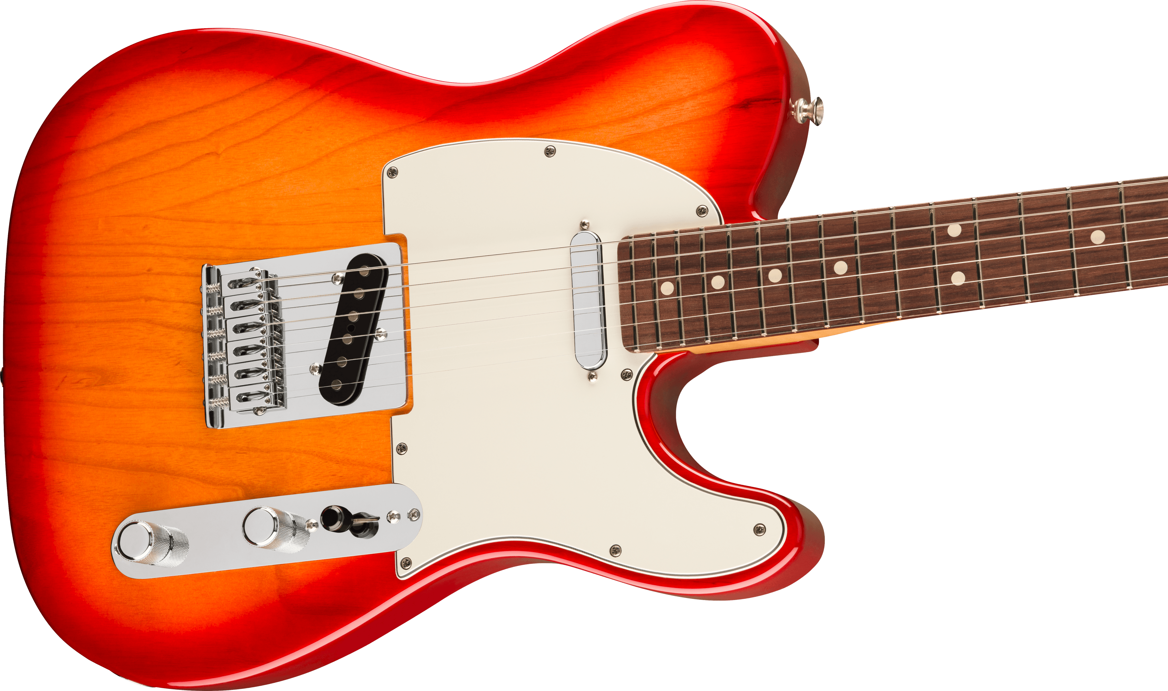 Electric guitar with a sunburst red and orange body, white pickguard, chrome hardware, and a dark wood fretboard with white dot inlays.