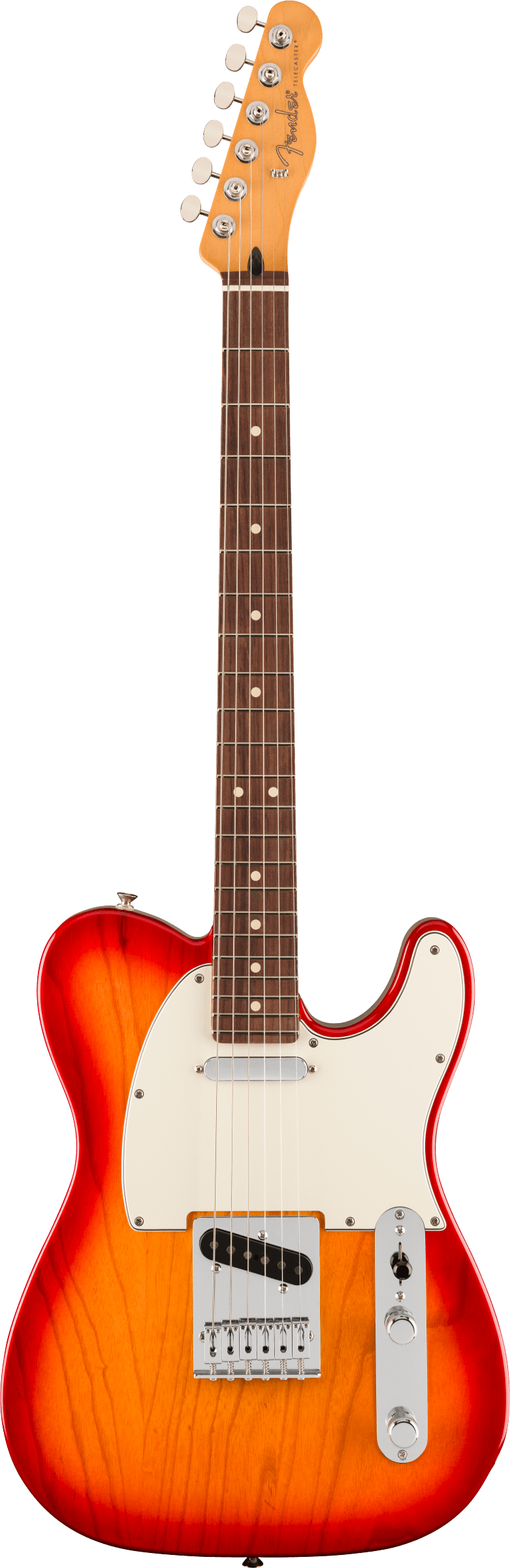 Fender Telecaster electric guitar with a sunburst orange and red body, white pickguard, two pickups, and a dark wood fretboard.