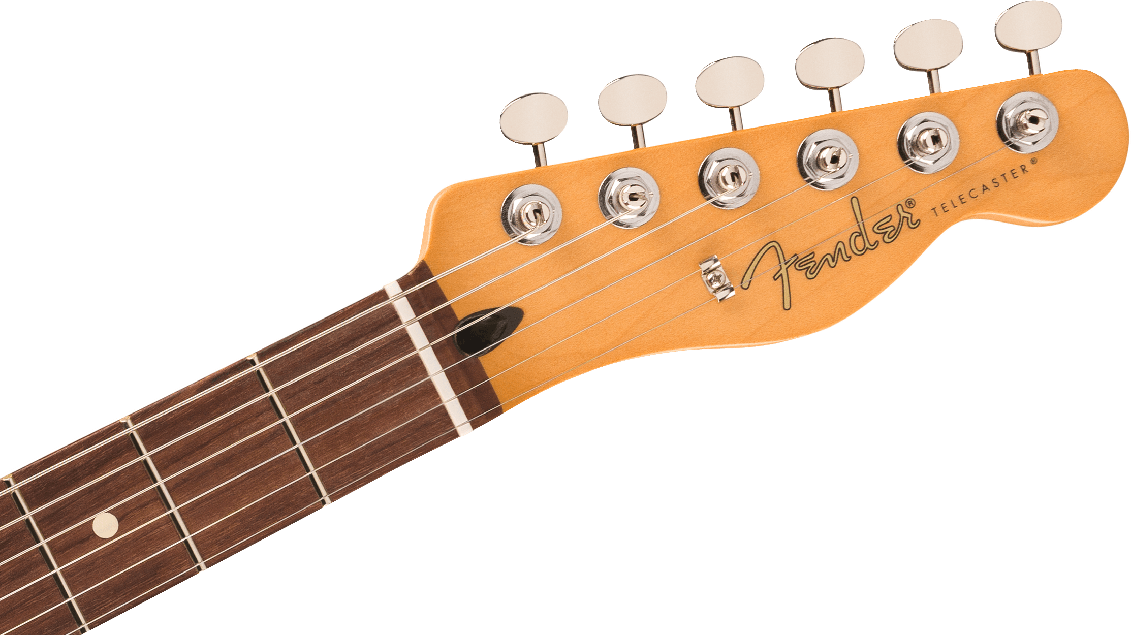 Light wood Fender Telecaster electric guitar headstock with six tuning pegs, logo, and dark wood fretboard with white inlays.