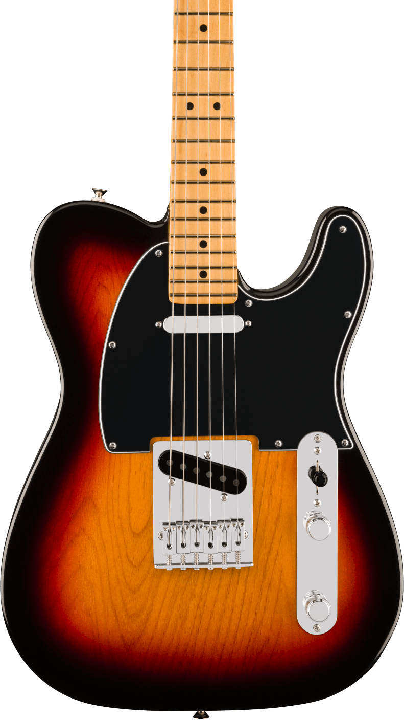 Electric guitar with a sunburst finish, black pickguard, chrome bridge and control plate, and a maple neck with dot inlays.