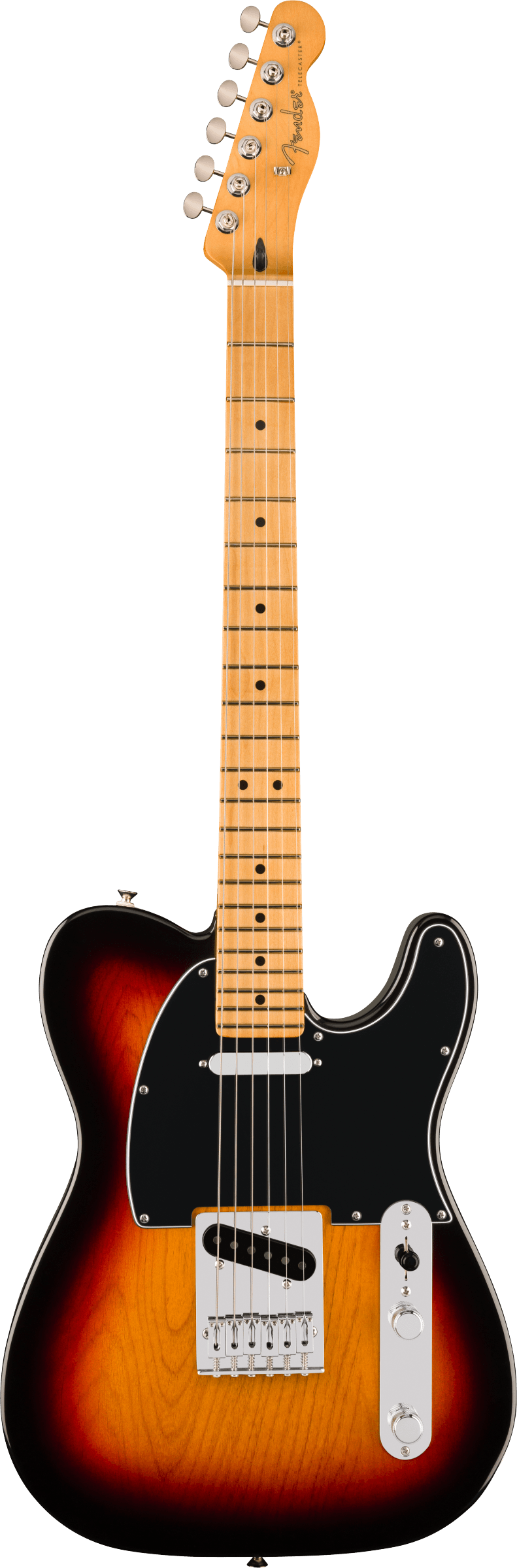 Sunburst Fender Telecaster electric guitar with black pickguard, two pickups, maple neck, and chrome control plate with two knobs and a switch.