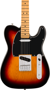 Electric guitar with a sunburst finish, black pickguard, chrome bridge and control plate, and a maple neck with dot inlays.